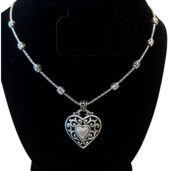 Brighton Large RENO HEART Silver Crystal Puffy Heart Pendant Necklace 18" - Picture 1 of 12